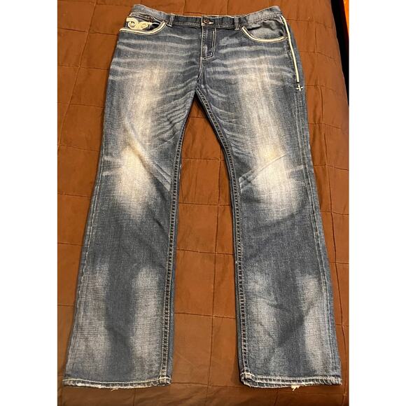 Affliction Black Premium Ace Jeans Mens 40 Blue Washed Denim Straight Leg Biker - Picture 2 of 9